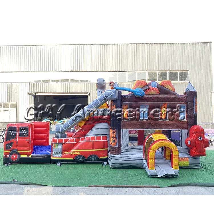 Castillo inflable para exteriores, camión de bomberos, combo con tobogán, casa de rebote de pvc, castillo hinchable de alquiler comercial para fiesta