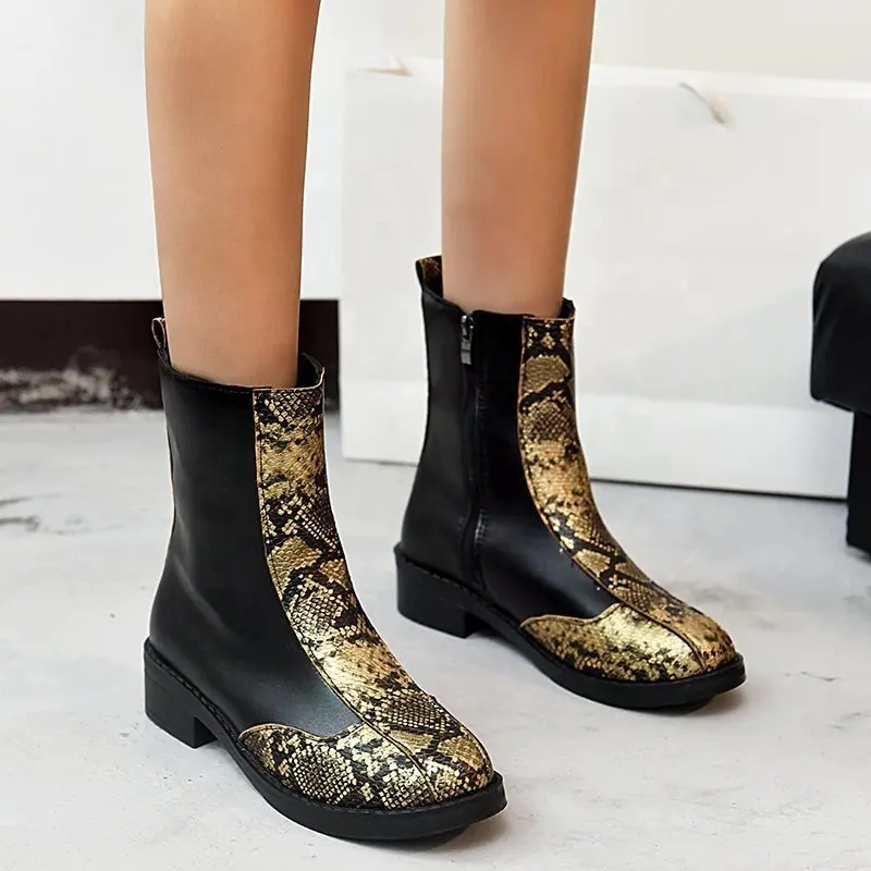 Botas de tornozelo femininas, botas de pele de cobra, douradas, prateadas, preta, de retalho, tamanhos grandes 2022