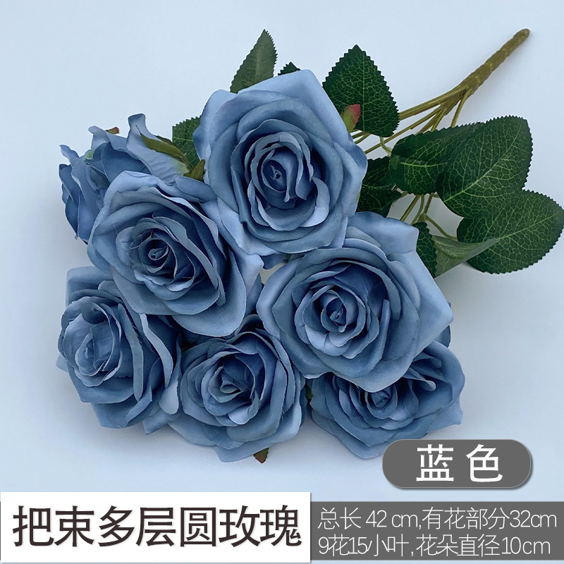 Rosas redondas de nueve cabezas en capas, azules.