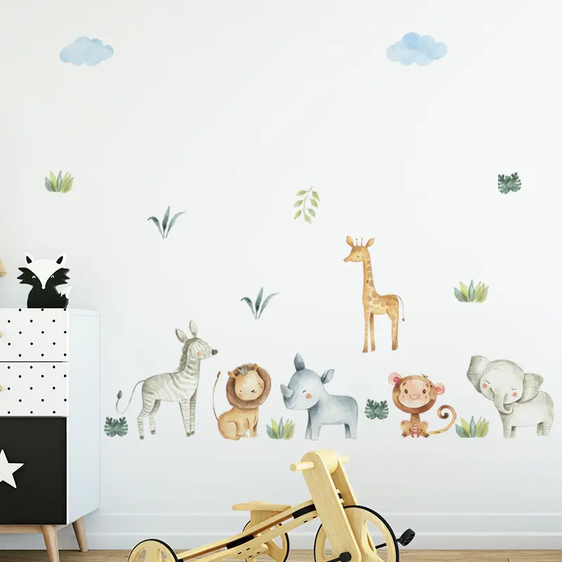 Pegatina de pared de animales de dibujos animados, papel tapiz para dormitorio de niños, habitación de bebé, pegatinas de decoración de pared