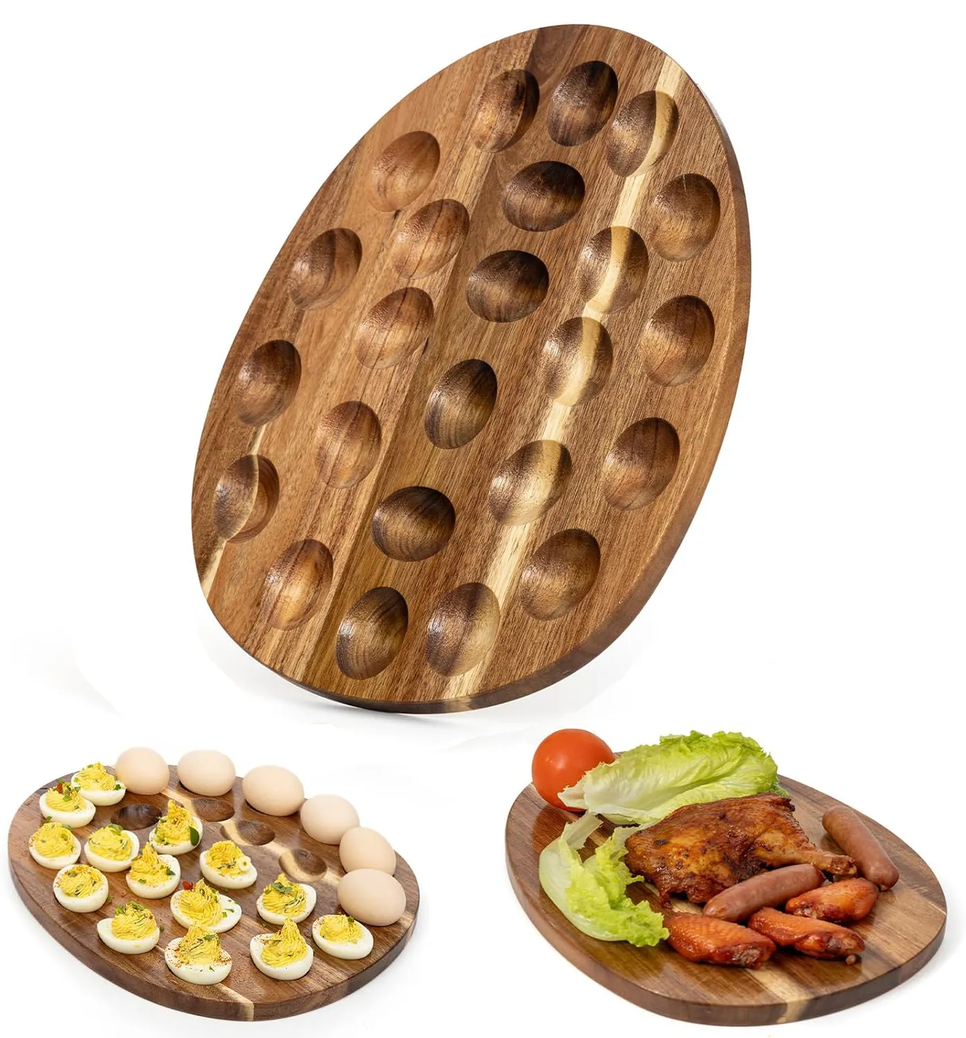 24 Holes Reversible Wooden Deviled Egg Platter Easter Charcuterie Board Wooden Serving Platters for Kitchen Countertops