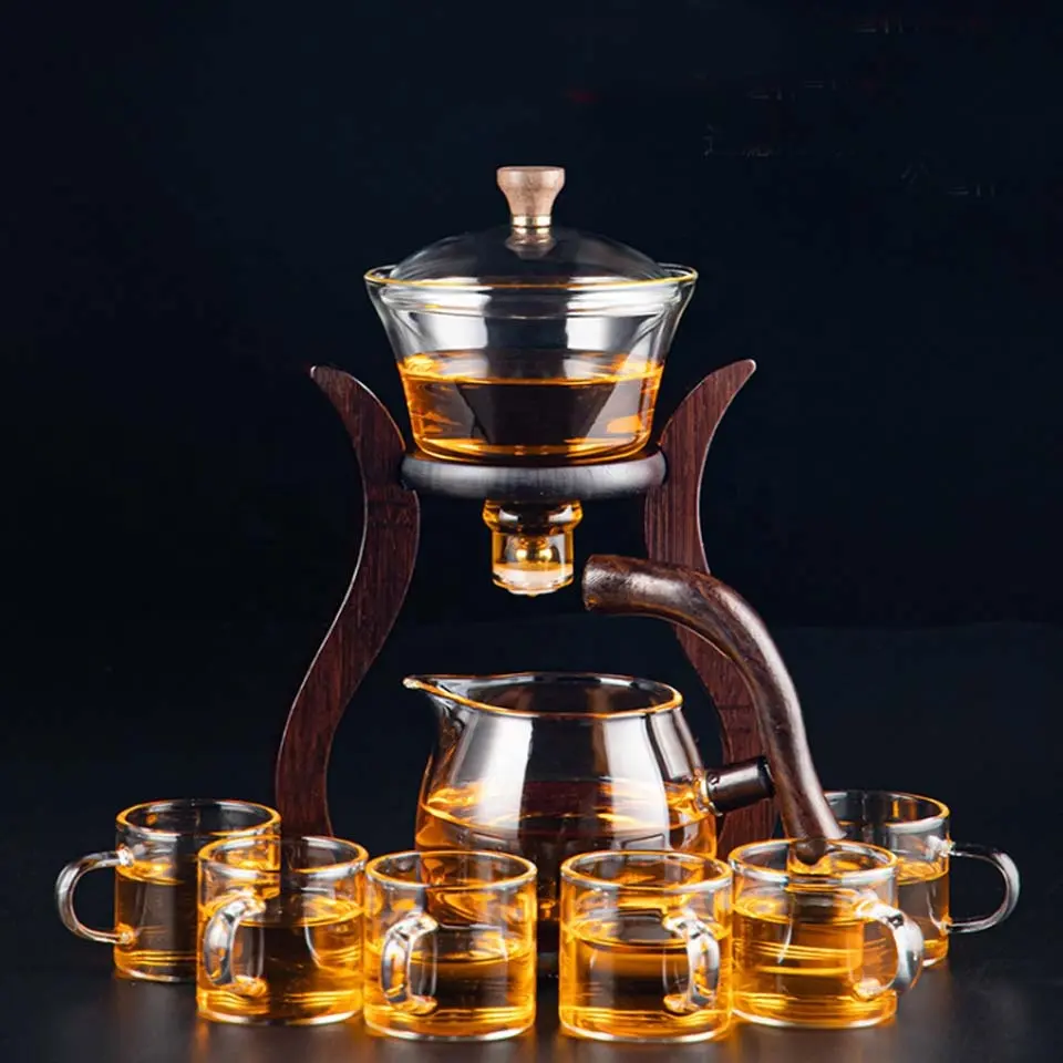 HeatResistant ग्लास चाय का सेट चुंबकीय जल मोड़ घूर्णन कवर कटोरा Semi_Automatic चाय निर्माता आलसी Kungfu ड्रिप चायदानी