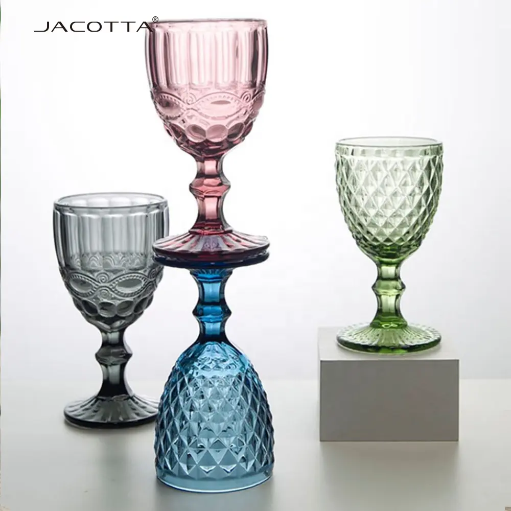 최고의 판매 제품 2020 미국 컬러 유리 빈티지 유리 goblets 독특한 양각 와인 유리