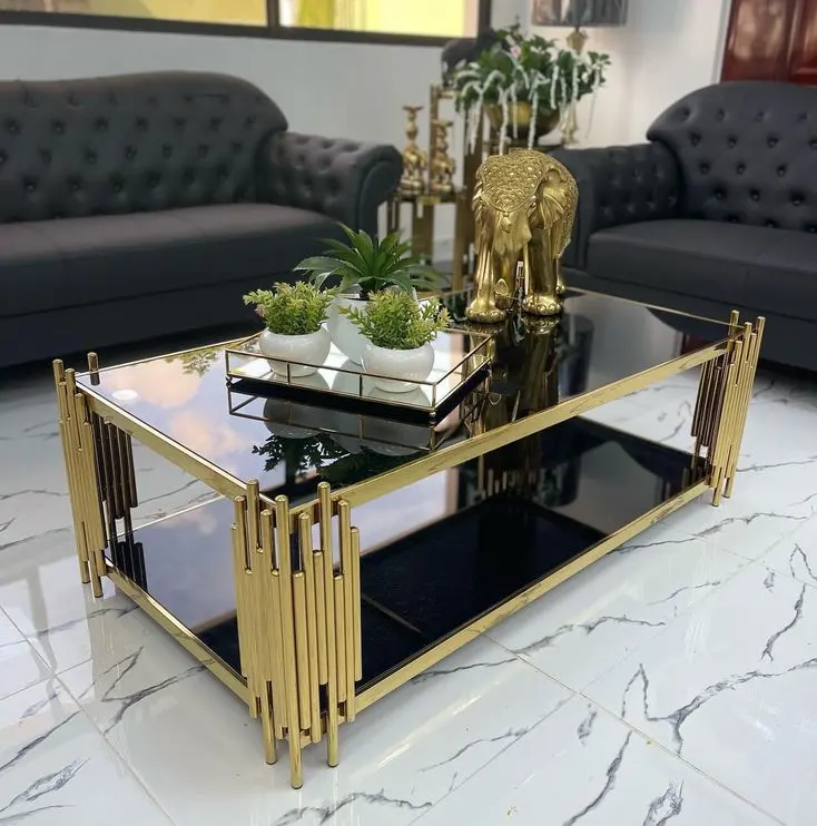 高級モダンデザインゴールドポリッシュステンレススチール強化ガラストップ長方形コーヒーテーブル