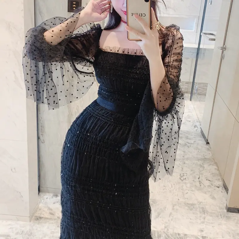 नई पोशाक फैशन सुरुचिपूर्ण महिला सेक्सी सुरुचिपूर्ण लंबे बाजू काले तुरही आस्तीन वर्ग गर्दन तंग पोशाक