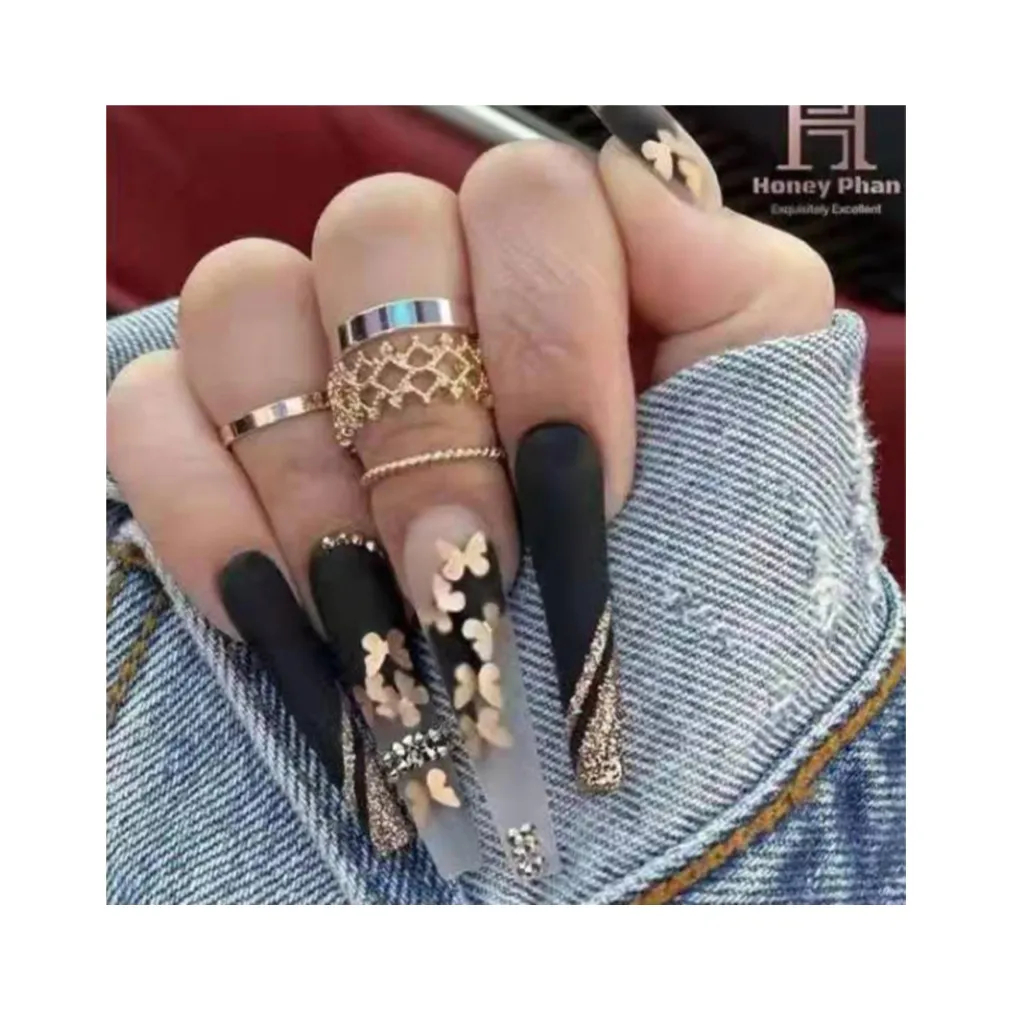 Prensa en uñas postizas Venta caliente Rhinestone 3XL Bailarina Punta de uñas francesa Brillo Mariposa Ataúd largo Uñas artificiales