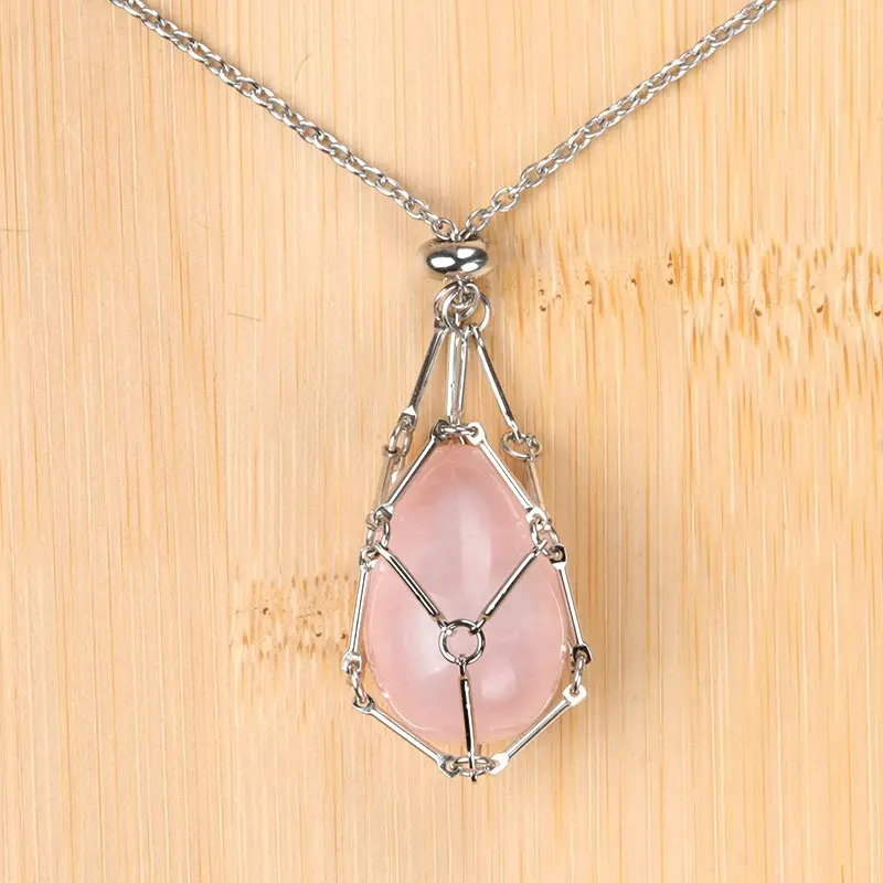 Alta calidad Yoni huevo rosa cuarzo transparente Tumble piedra soporte de cristal collar de acero inoxidable bolsa de red cadena collar joyería