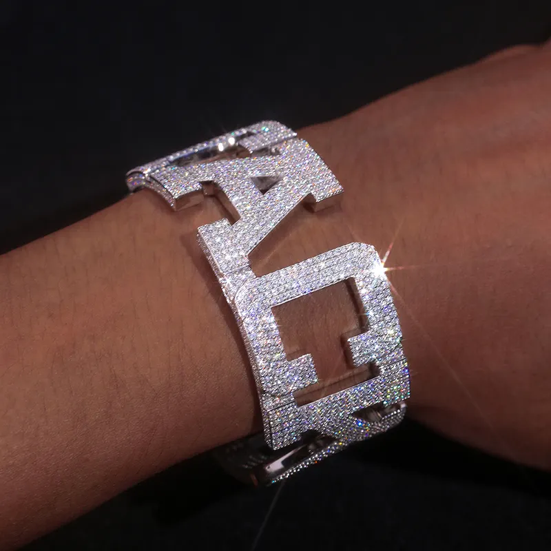 Gioielli Hip Hop personalizzati di lusso 925 Sterling Silver VVS Moissanite Diamond Iced Out Cuff Letter Bangle bracciale per uomo