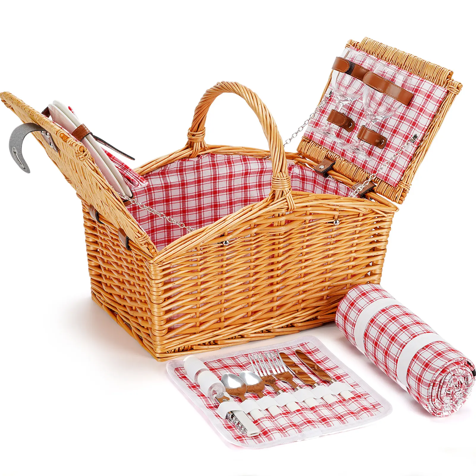 Toptan ürünler satış el dokuma taşınabilir hasır sepet kolları ile depolama kamp sepet seti piknik hasır sepet