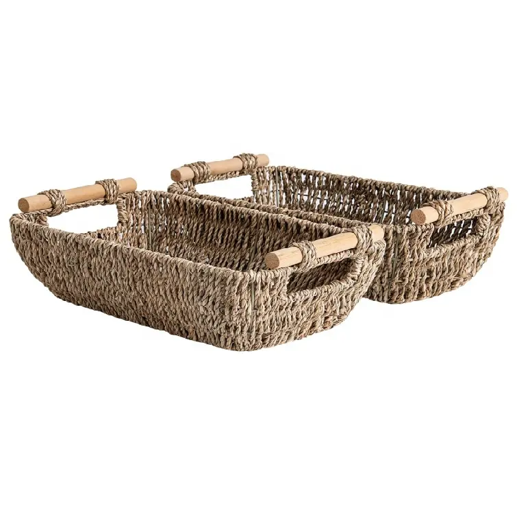 Paquete de 2 cestas de ratán de algas marinas con asas de madera, cestas de mimbre pequeñas, Cestas tejidas a mano