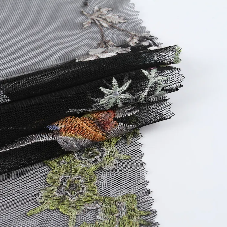 Зеленые листья, простой эластичный текстиль, Цветочная вышитая сетчатая ткань для вышивки
