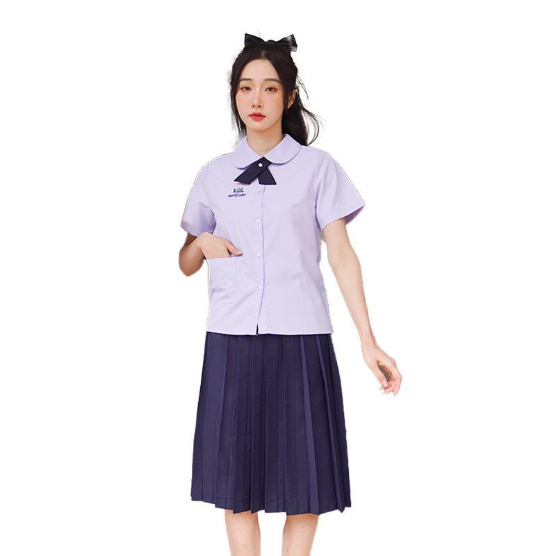 Thai girls short sleeves + navy blue midi skirt + cross tie