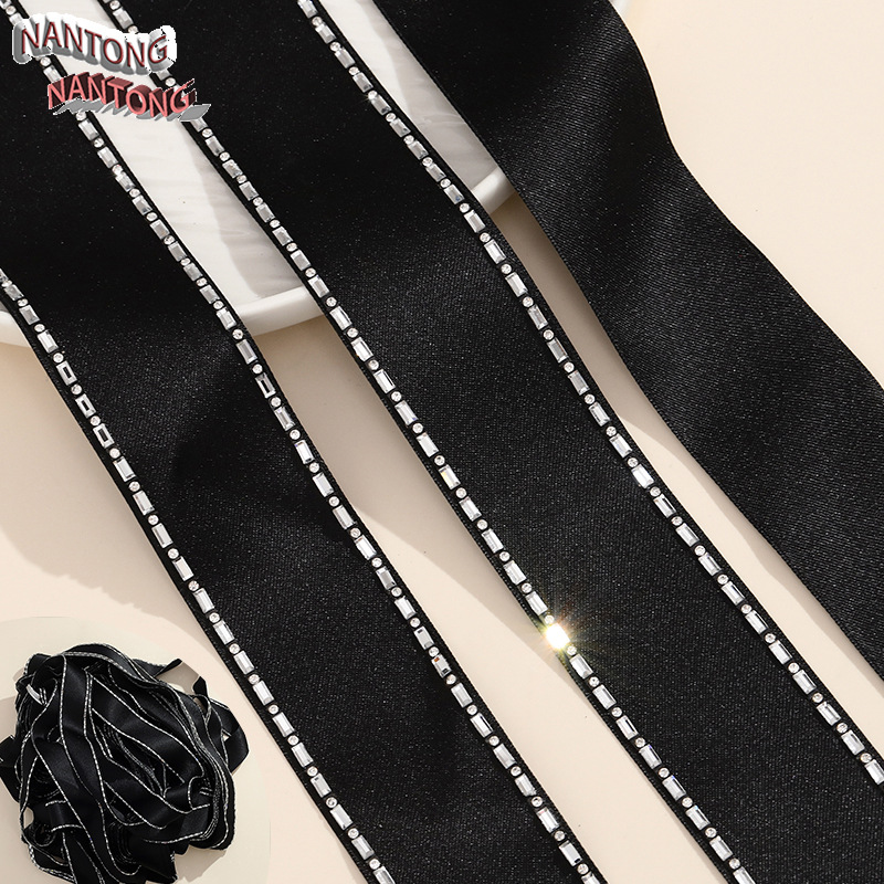 7 Double-row rhinestones - Black webbing, 39mm wide