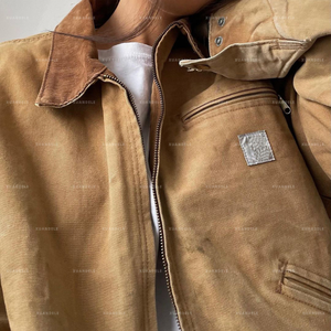 Custom Heavyweight Brown Duck Canvas Lined CagroJacket Zipper up Logo Distressed Crop Boxy Fit Faded Washed Work Jacket Men - Product Image 2