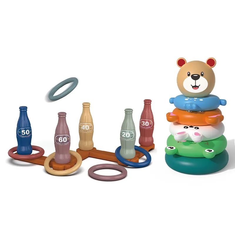 Mainan lempar cincin susun plastik 2 in 1, permainan olahraga dalam ruangan menyenangkan untuk anak-anak