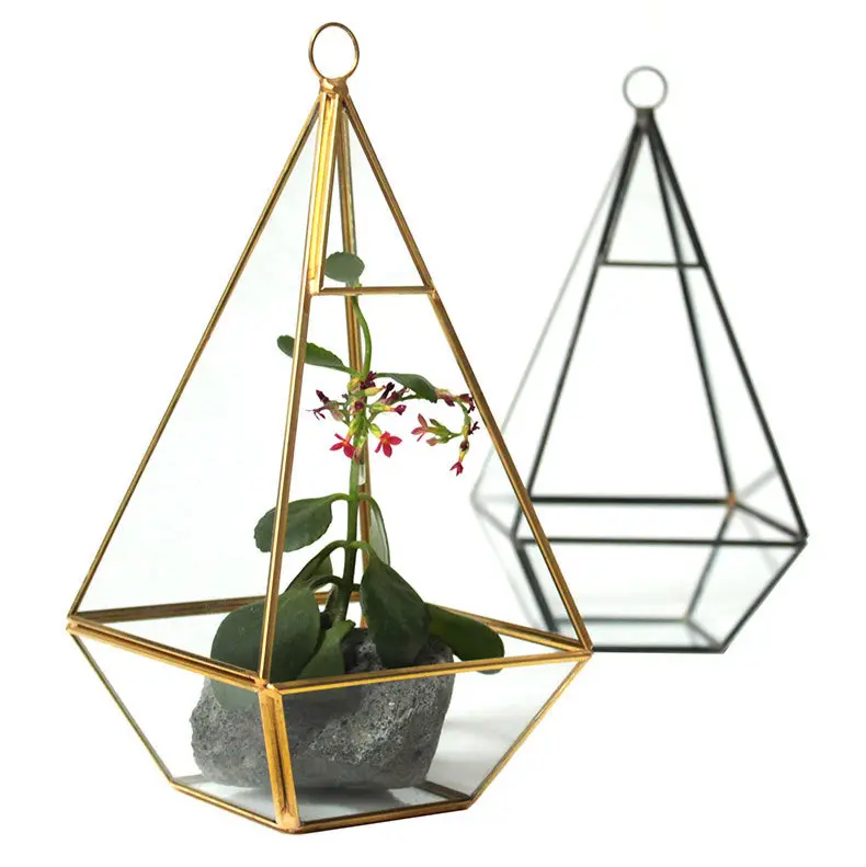 QY-terrario colgante dorado y negro, florero, contenedor, decoración geométrica de vidrio, de latón, venta al por mayor