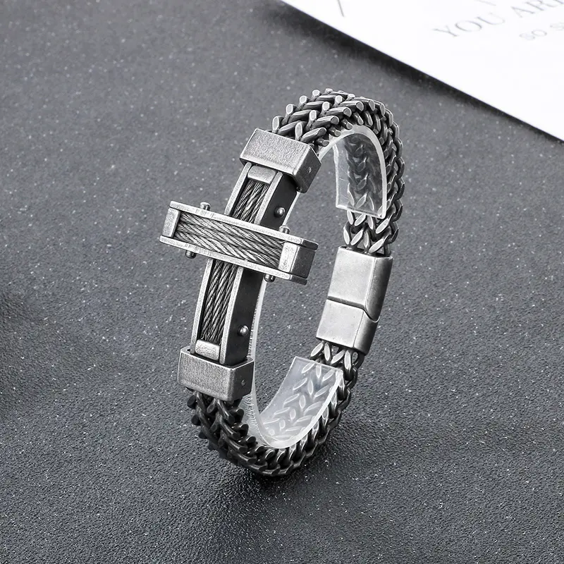 KALEN Men Vintage 220mm Oxidized Black Stainless Steel Christian Cross Herringbone Chain Bracelet