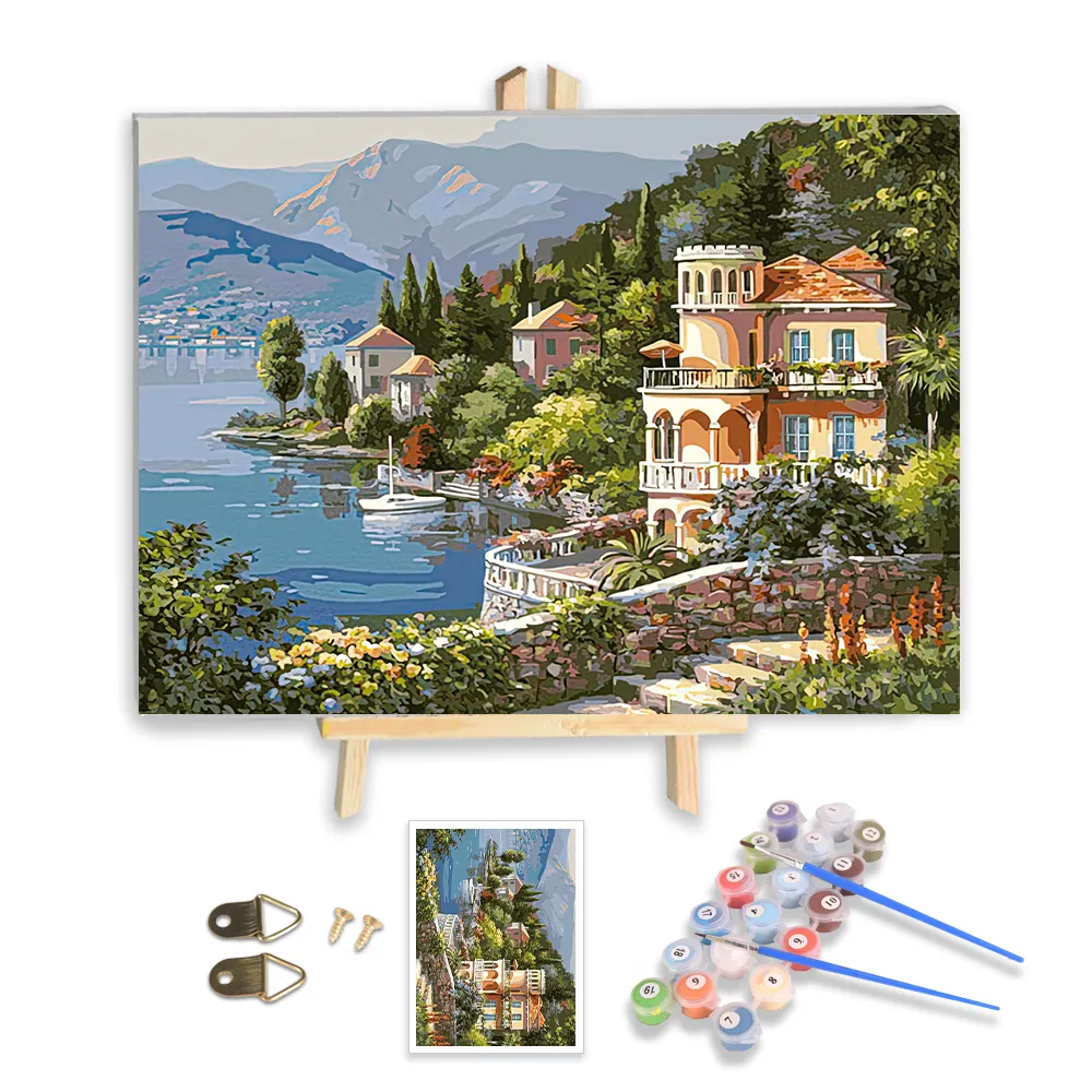 Hot Sale 30x40 40x50 Bild Benutzer definierte Seaside Village House Diy handgemachte Acryl ölgemälde nach Zahlen für Kinder