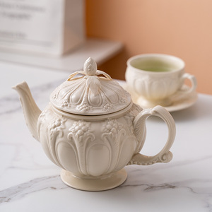 British Retro Palace Style Ceramic <strong>Coffee</strong> &amp; Tea Set Embossed European Tea Cup Water Kettle Simple Afternoon Tea Creative Design - Product Image 2