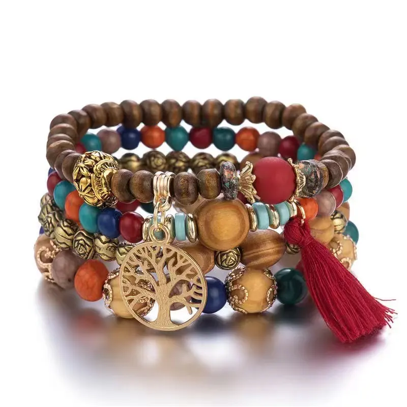 Pulsera elástica de estilo étnico ohemiano, brazalete de cuentas multicapa con borlas, joyería de cuentas de árbol de la vida