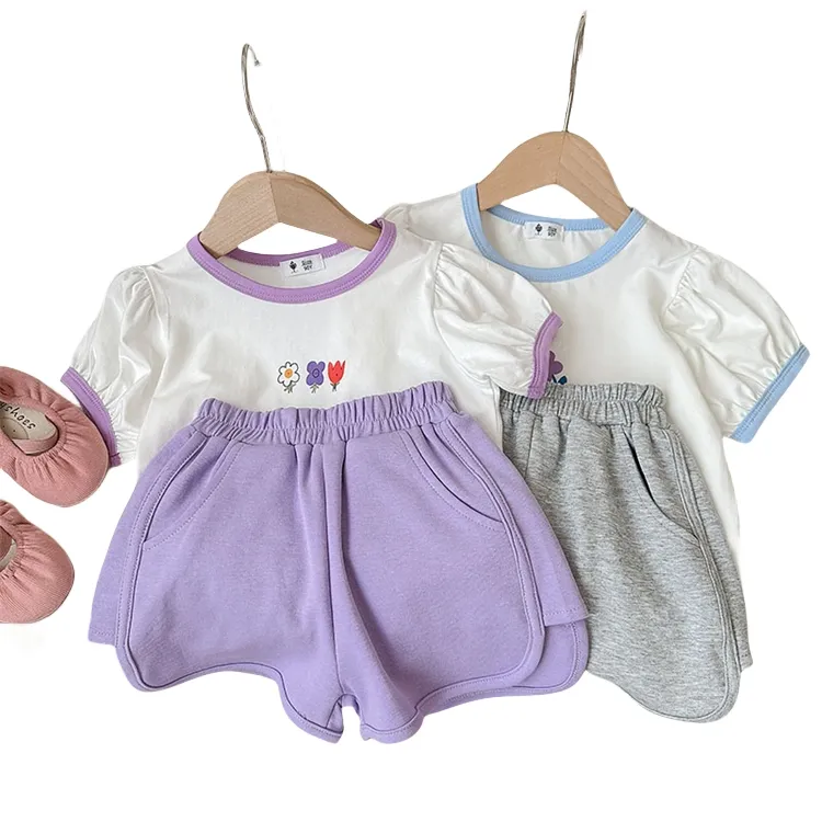 Girls' Puffed Sleeve T-Shirt Two-Piece Korean Version Of Instagram Baby Bract Shorts Set