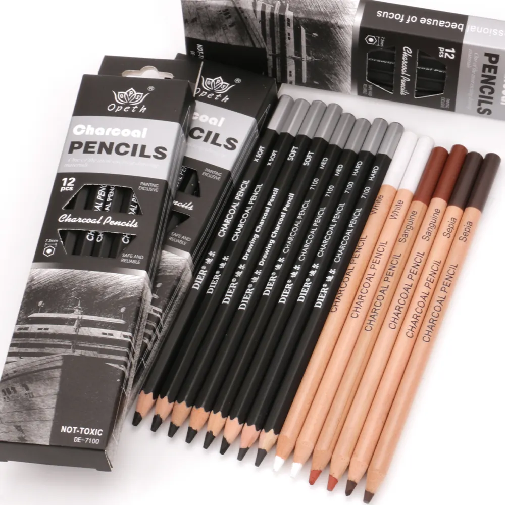 Opeth pensil arang 12 buah/kotak, Set pensil gambar sketsa hitam tidak beracun XSoft/lembut/keras/MED