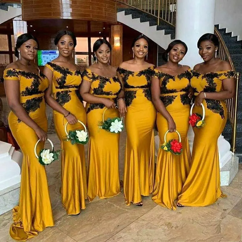 Morili Black Appliques Afrikanische Trau zeugin Kleid Gelbe Abendkleider von der Schulter Meerjungfrau Lange Brautjungfer kleider MB510