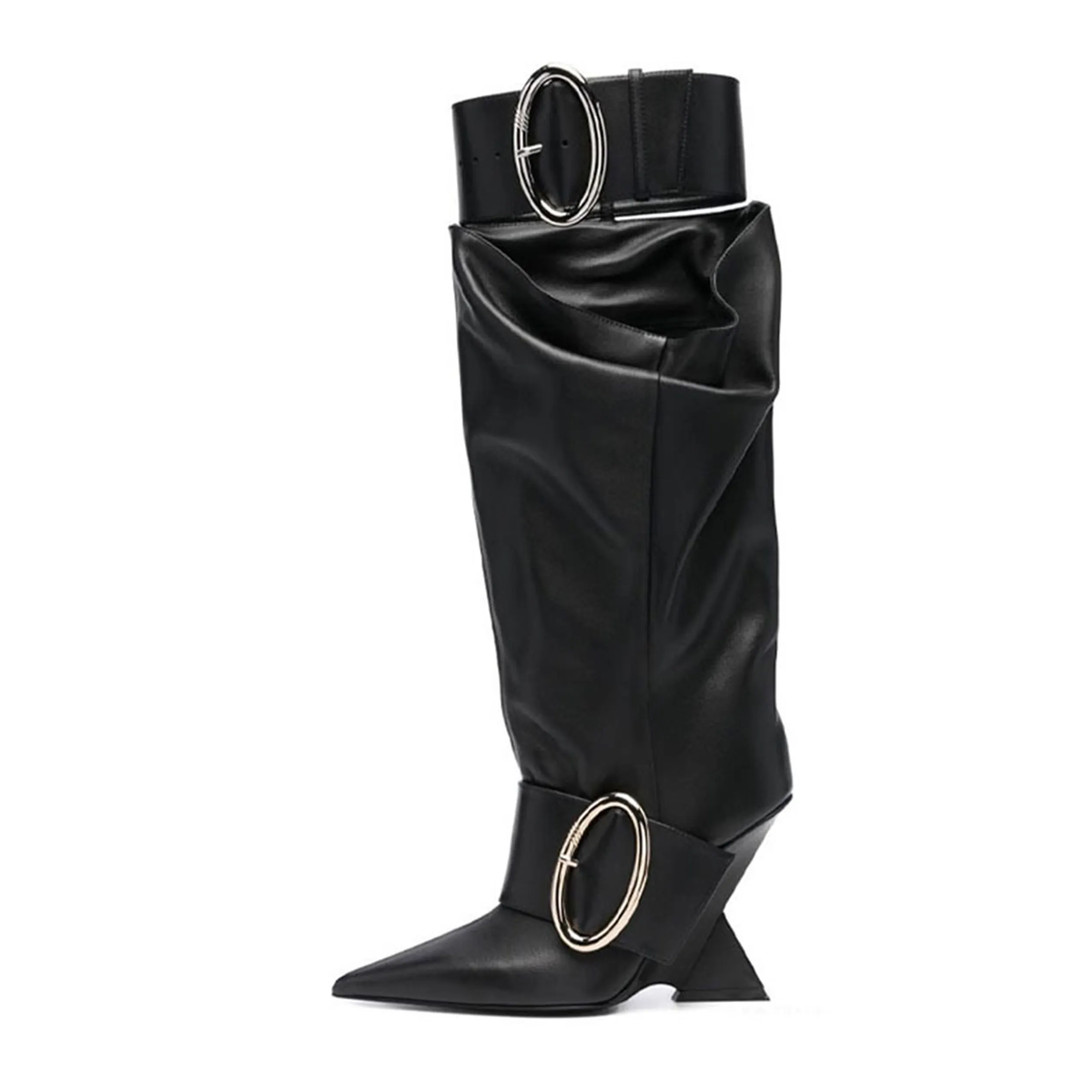 High-quality Buckle Boots Woman Knee High With Pointy Chic Wedge Heels Women's Boots Dress Designer Knee Boots High Heels