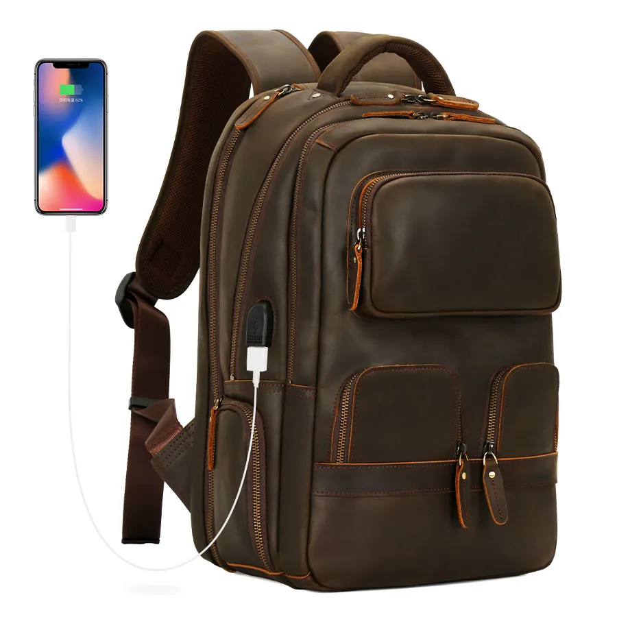 LOGOTIPO personalizado Vintage Couro Laptop Back Pack Saco De Viagem Homens Cavalo Louco Real Mochila De Couro Genuíno Com Porta De Carregamento USB