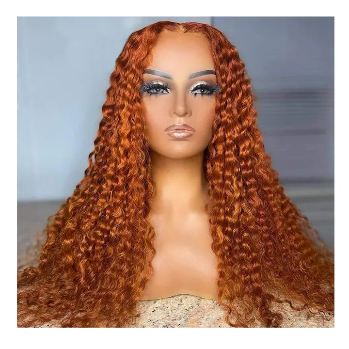 Haar 13*4 Volledige Frontale Groot Kant Gebied Gember Oranje Kleur Menselijk Haar 1 Stuk 26Inch Pruik Brazilian Human Hair Water Wave Pruik