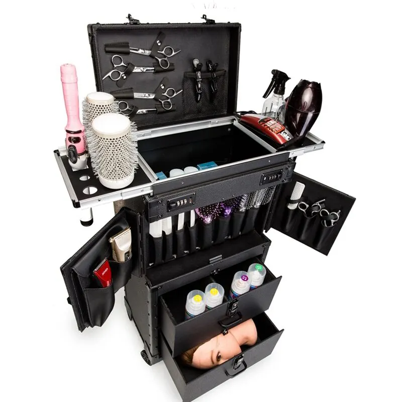 Carrito de peluquería de gran capacidad, estuche de cosméticos, bolsa de equipaje rodante, caja de herramientas de maquillaje de uñas, carro de salones de belleza multicapa