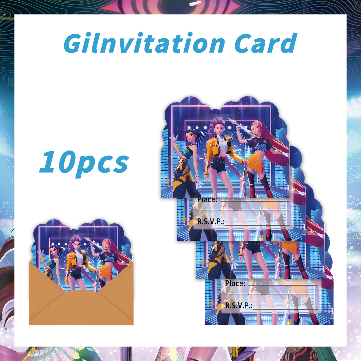 Carte d'invitation bleue, lot de 10 - Thème chasse aux sorcières