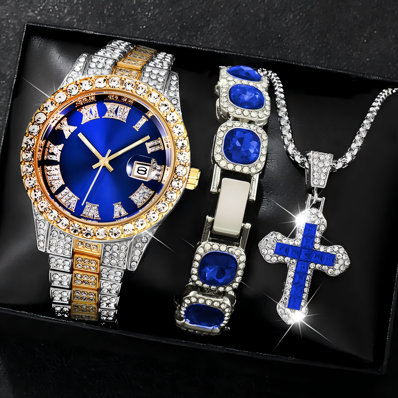 Silver gold blue watch + silver blue 2pcs set