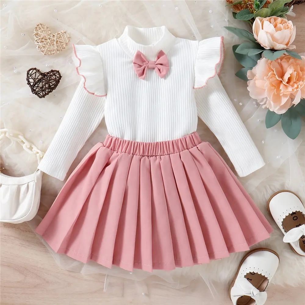 Lovely Girls Autumn Clothes Sets Outfit 2pcs Bowknot Sweater Flying Long Sleeve Top Pleated Skirt Sweet Kids Clothing Sets