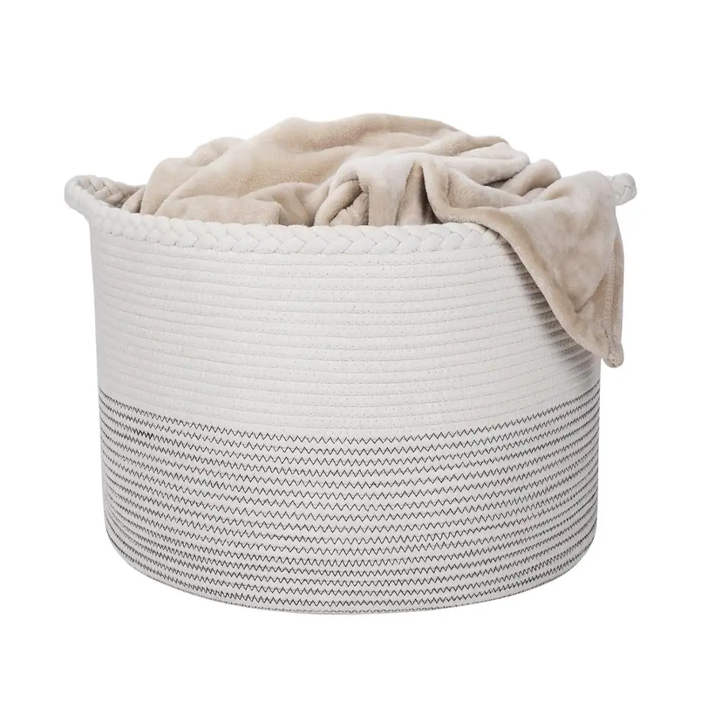 QJMAX EXtra Large Cotton Rope Storage Basket Woven Baby Laundry Basket In Bathroom With Braided Pattern And Handle