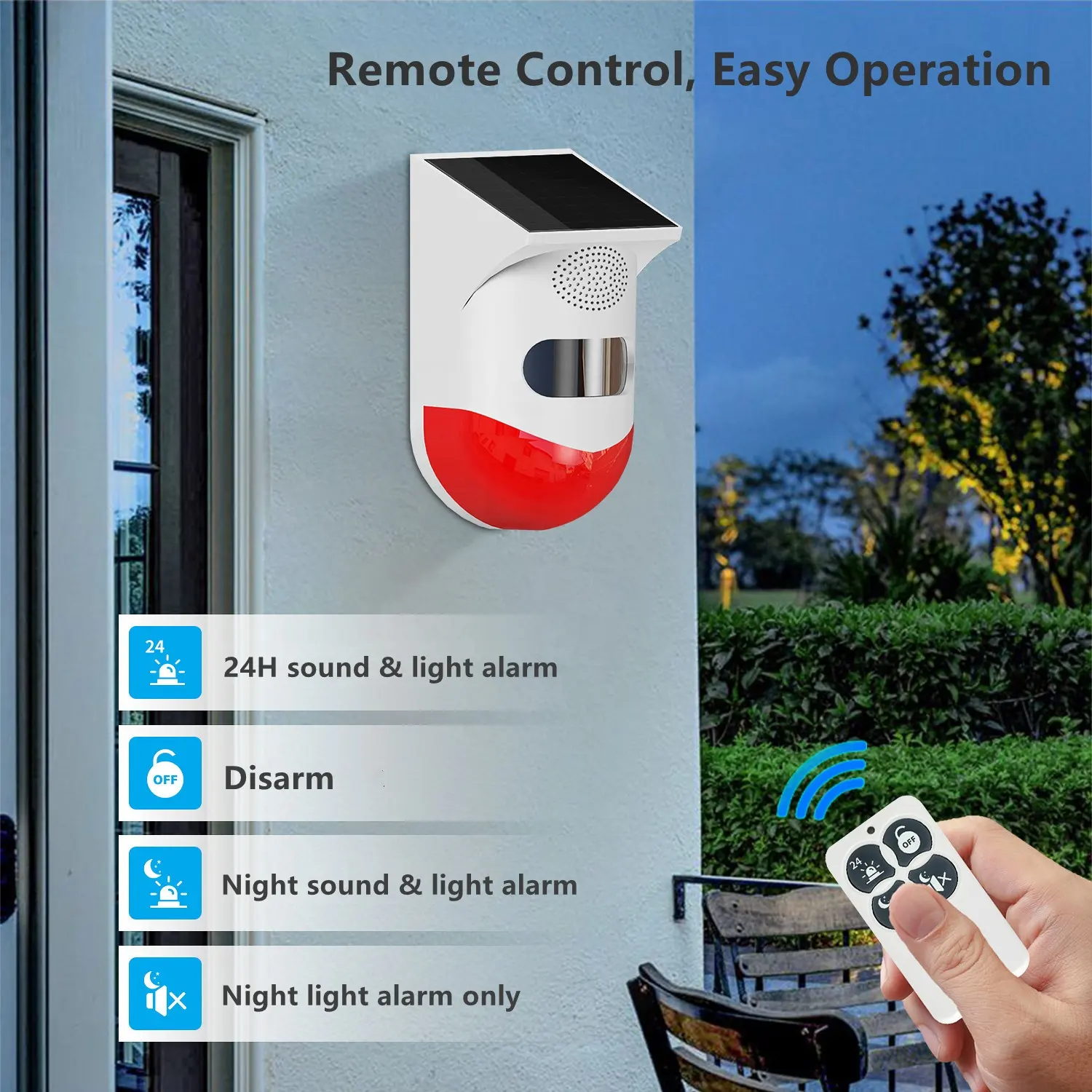 Alarma de sirena de seguridad de sonido para exteriores, Sensor de movimiento PIR Solar, 120db, con mando a distancia, para casa, Villa, granja y patio