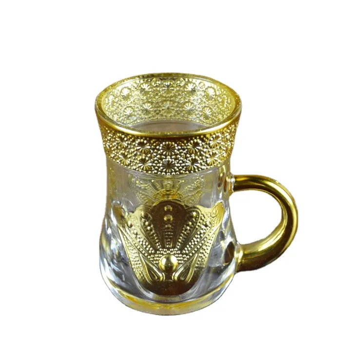 Tasse à café en verre expresso turc arabe en forme de gourde plaquée or 100ml ensemble de tasses à thé royales en verre plaqué or avec poignée
