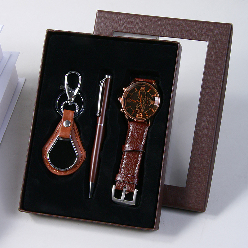 4-piece set in brown (watch, keychain, pen, and exquisite gift box)