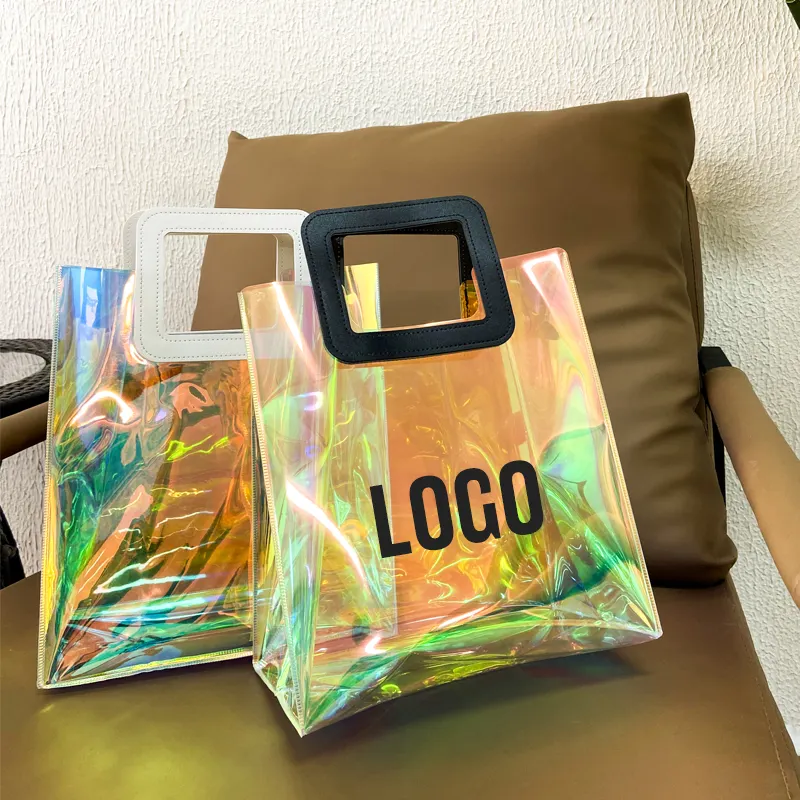 Tote borse della spesa trasparente Logo personalizzato all'ingrosso moda impermeabile Laser olografico PVC abbigliamento imballaggio serigrafia