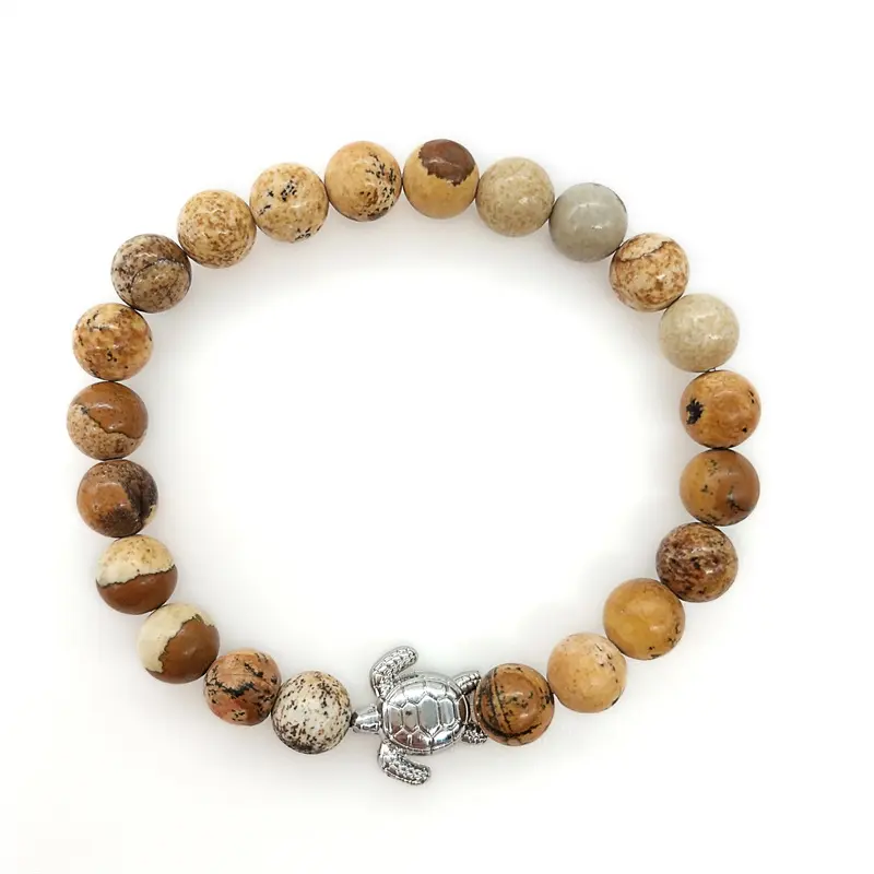 Gran oferta, pulsera de piedra Natural con cuentas elásticas Bohemias de 8mm, pulseras de cuentas de piedra con abalorio de tortuga marina plateada minimalista para pareja