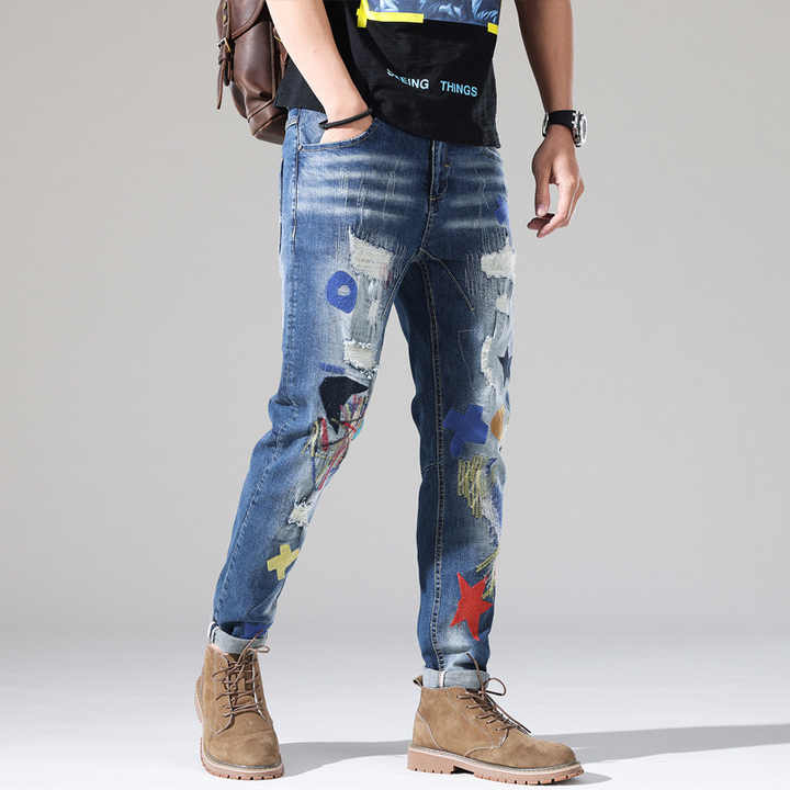 Grosir langsung dari pabrik Jeans longgar Hip Hop populer baru Jeans edisi bordir sobek populer baru