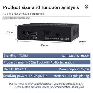 2.0 <strong>hdmi</strong> Switch 2input 1output 4K 60Hz Automatic Switching Audio Separation <strong>Output</strong> 2x1 Switch