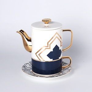 Jarras陶瓷奢华镀金线条图案定制石器欧式茶壶 + 杯碟茶具一体 - Product Image 2