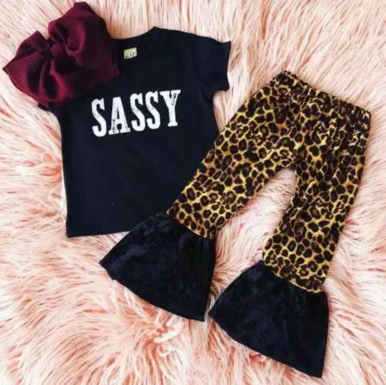 Bebek kız moda popüler siyah sassy tasarım baskı gömlek kısa kollu leopar çan alt pantolon kıyafetler çocuk giyim setleri