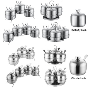 Atacado Rotatable Kitchen Tempero Jar Salt Bowl Jar Metal Spice Box Set Latas de açúcar Latas de especiarias com prateleiras e colher