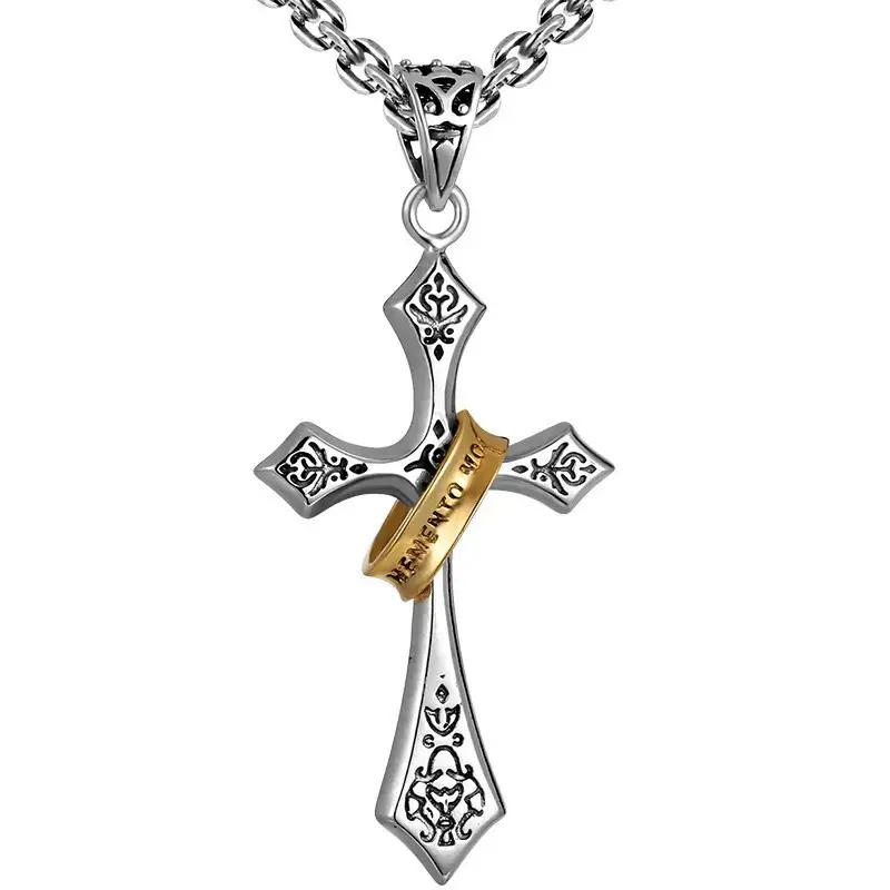 Vintage Gold Ring Cross Necklace Personalized Long Sweater Chain For Men