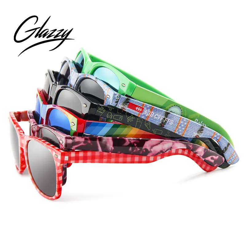 Glazzy Gafas de sol Promoción Venta al por mayor Moda personalizada Mujeres Hombres Impresiones completas Gafas de sol Gafas de Sol Baratas Gafas de sol con pasador