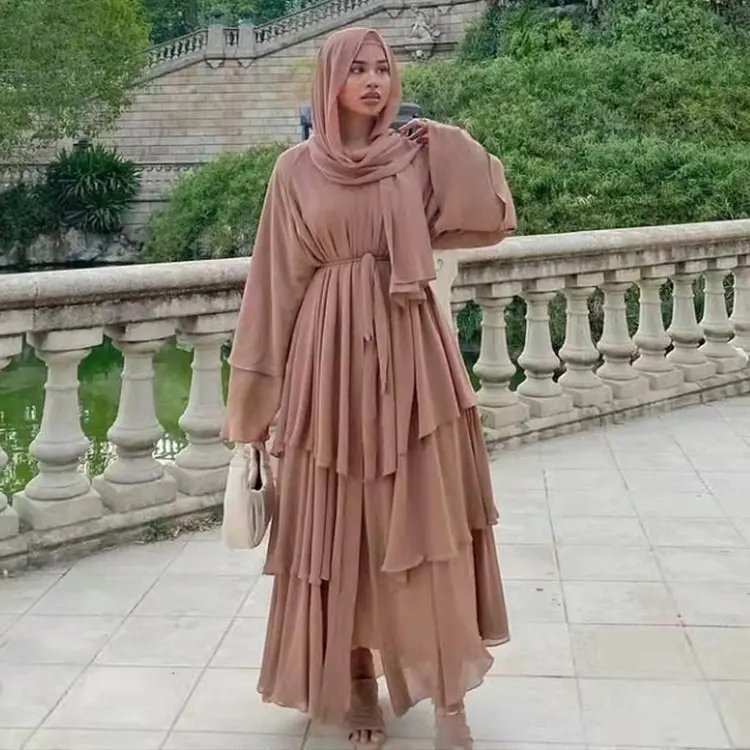 Dubai Ả Rập Nối Ba Lớp Voan Maxi Dresses Màu Sắc Đồng Bằng Phía Trước Mở Cardigan Áo Hồi Giáo Dài Tay Áo Abaya