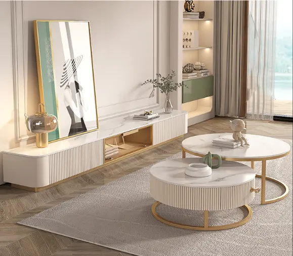Foshan Furniture Modern Luxury Gold divano Tisch Bass Salon soggiorno Center Coffee White Marble Top Set tavolino ovale