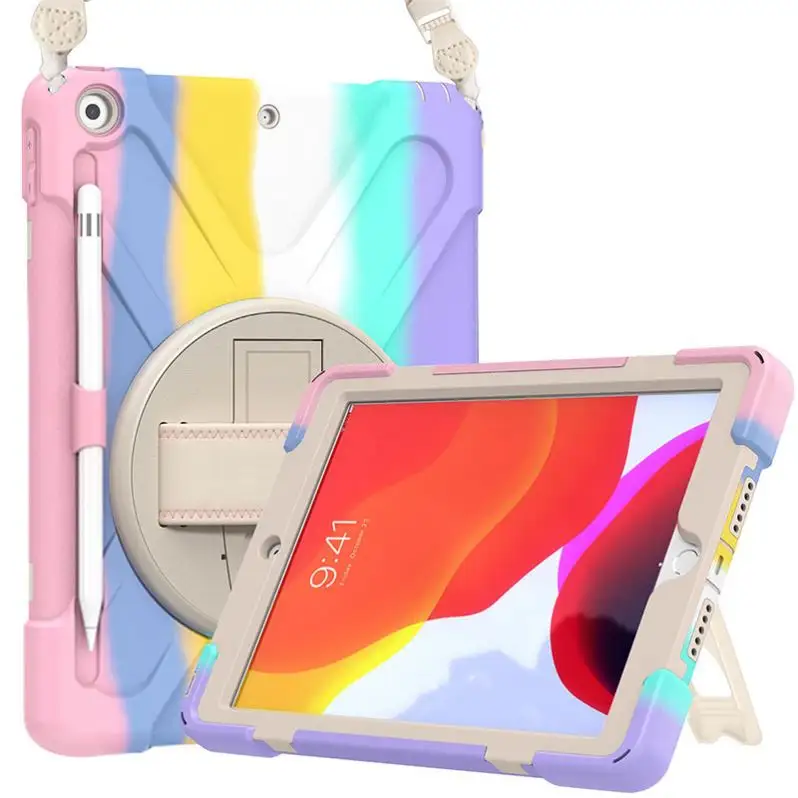 Casing pensil Tablet ramah anak-anak, sarung HP berputar tali tangan Kickstand tiga lapisan tugas berat kasar untuk Ipad Mini 4 5 360